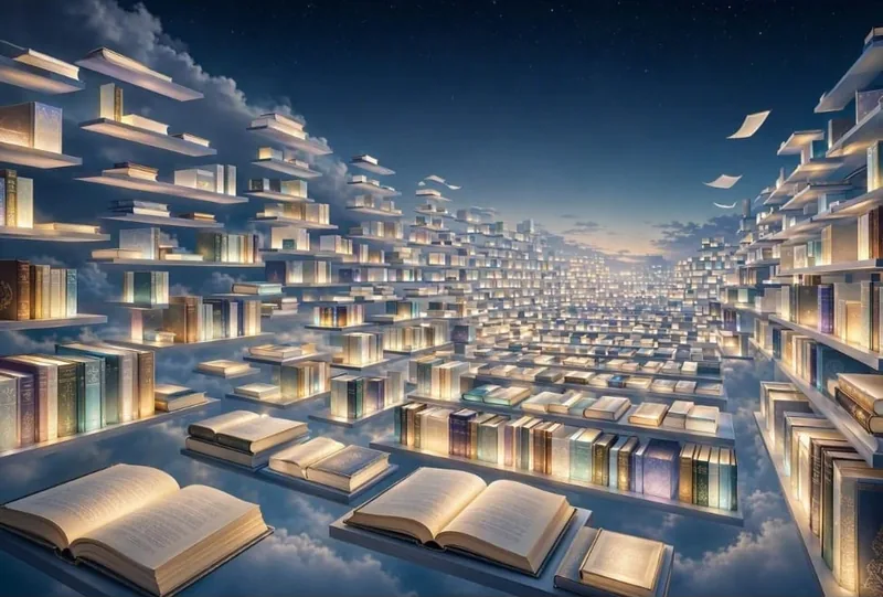 Biblioteca infinita de libros luminosos entre las nubes, imagen de los Registros Akáshicos