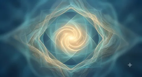 Espiral de luz dorada en el centro de una geometría azul, imagen de la claridad en el presente