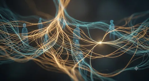 Hilos de luz dorada que unen varias siluetas, imagen de la conexión ancestral
